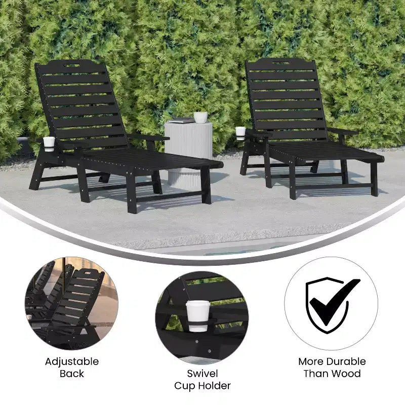 Emma and Oliver Set of 2 Poly Resin Adjustable Adirondack Lounger with Swivel Cup Holder for Indoor/Outdoor Use