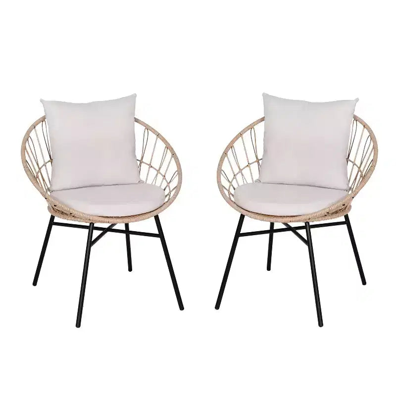Emma and Oliver Set di Due Sedie da Patio in Stile Papasan Boho, in Corda di Rattan Sintetico con Finitura per Tutte le Stagioni e Cuscini