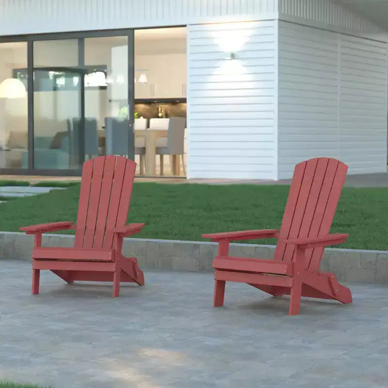 Emma and Oliver Set of 2 Indoor/Outdoor Poly Resin Folding Adirondack Chairs, All-Weather Chairs for Porch, Patio, or Sunroom