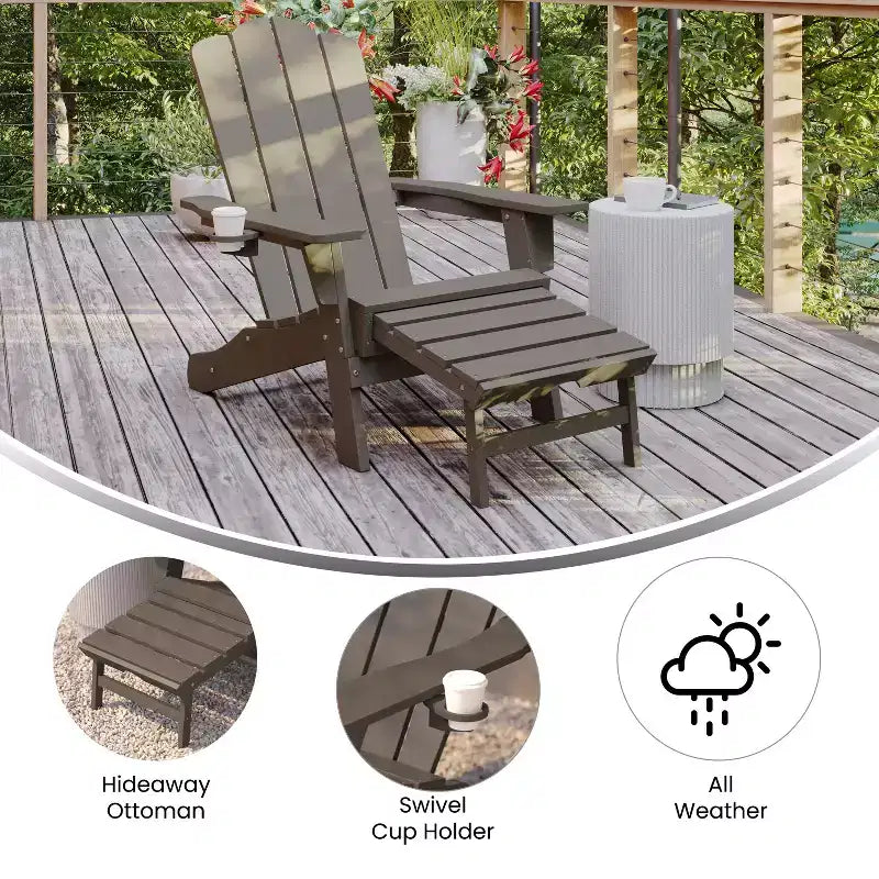 Merrick Lane Adirondack Chair with Cup Holder and Pull Out Ottoman, All-Weather HDPE Indoor/Outdoor Lounge Chair