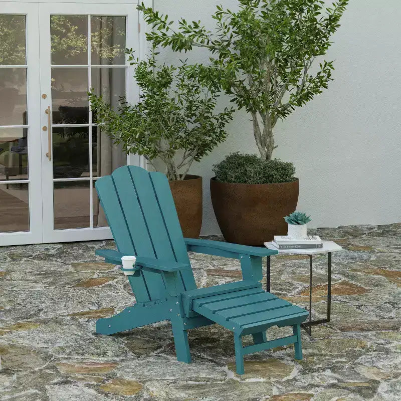 Merrick Lane Adirondack Chair with Cup Holder and Pull Out Ottoman, All-Weather HDPE Indoor/Outdoor Lounge Chair
