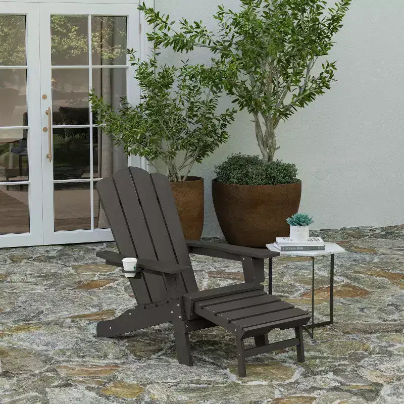 Merrick Lane Adirondack Chair with Cup Holder and Pull Out Ottoman, All-Weather HDPE Indoor/Outdoor Lounge Chair