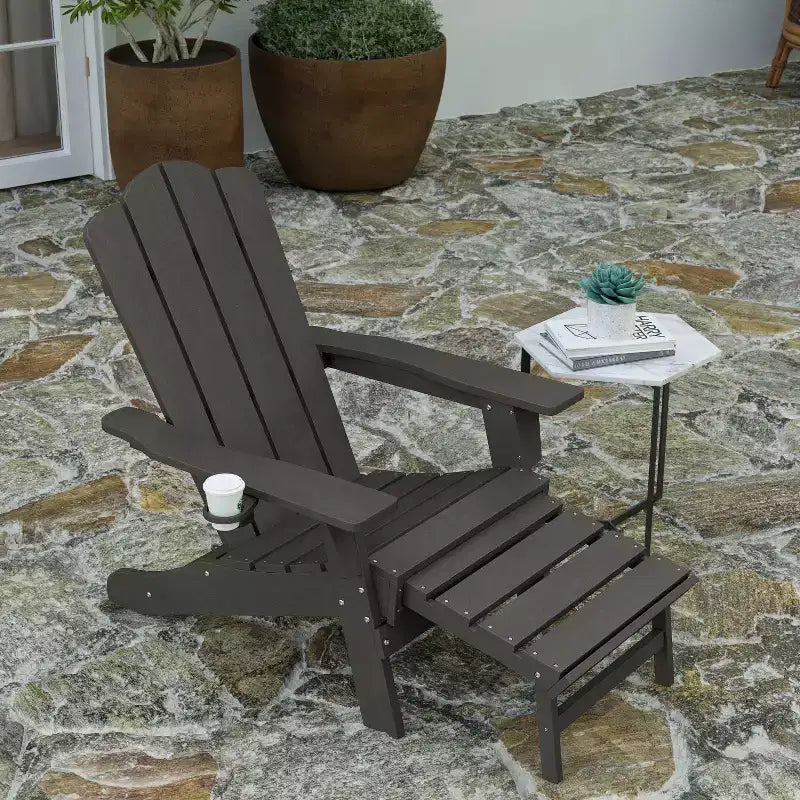 Merrick Lane Adirondack Chair with Cup Holder and Pull Out Ottoman, All-Weather HDPE Indoor/Outdoor Lounge Chair
