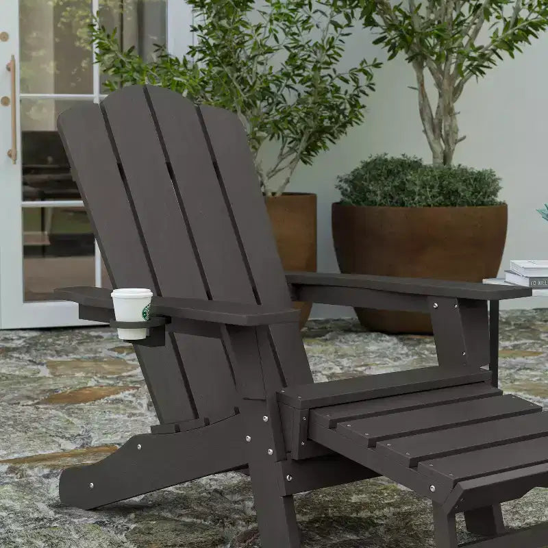 Merrick Lane Adirondack Chair with Cup Holder and Pull Out Ottoman, All-Weather HDPE Indoor/Outdoor Lounge Chair