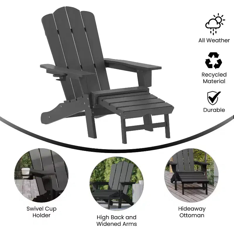 Merrick Lane Adirondack Chair with Cup Holder and Pull Out Ottoman, All-Weather HDPE Indoor/Outdoor Lounge Chair