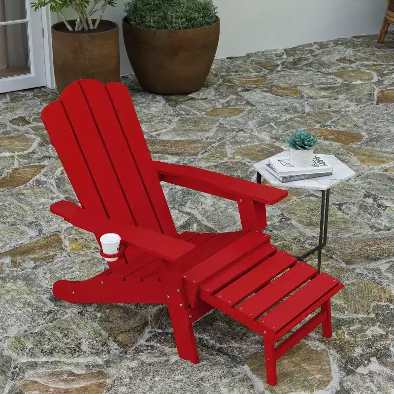 Merrick Lane Adirondack Chair with Cup Holder and Pull Out Ottoman, All-Weather HDPE Indoor/Outdoor Lounge Chair