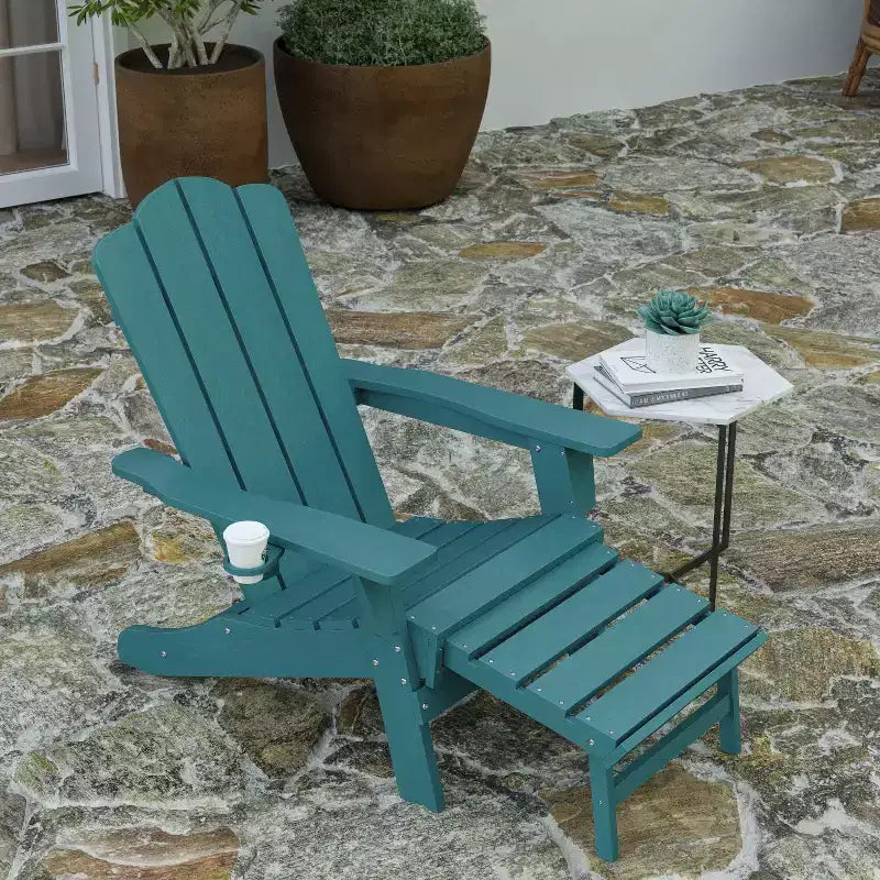 Merrick Lane Adirondack Chair with Cup Holder and Pull Out Ottoman, All-Weather HDPE Indoor/Outdoor Lounge Chair