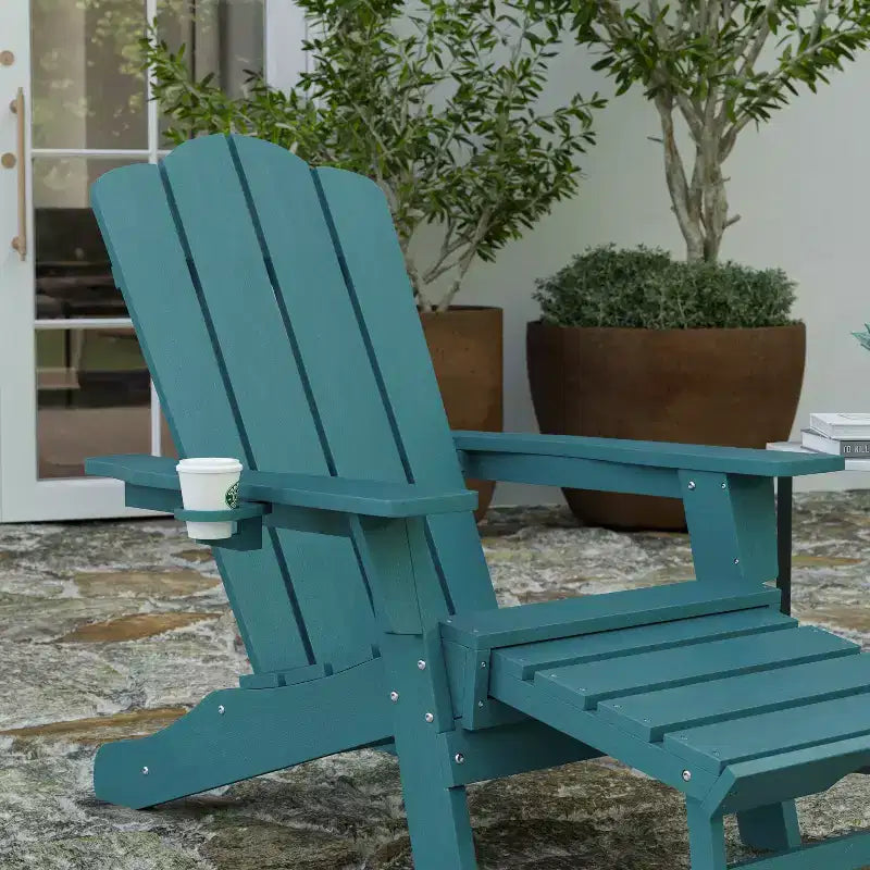 Merrick Lane Adirondack Chair with Cup Holder and Pull Out Ottoman, All-Weather HDPE Indoor/Outdoor Lounge Chair