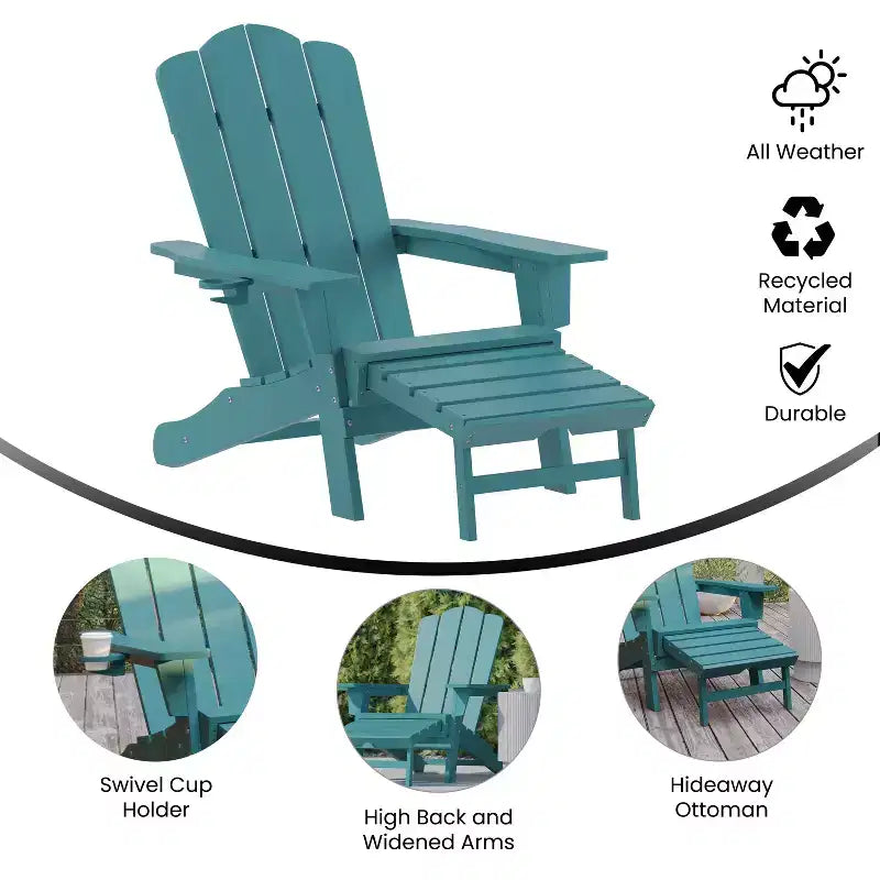 Merrick Lane Adirondack Chair with Cup Holder and Pull Out Ottoman, All-Weather HDPE Indoor/Outdoor Lounge Chair