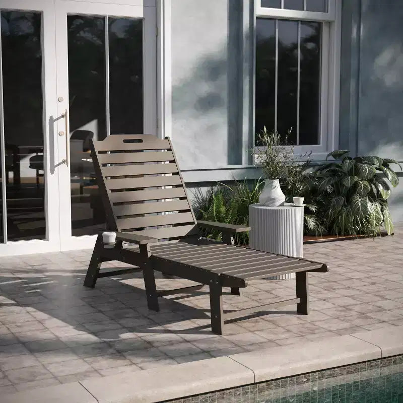 Emma and Oliver Poly Resin Adjustable Adirondack Lounger with Swivel Cup Holder for Indoor/Outdoor Use