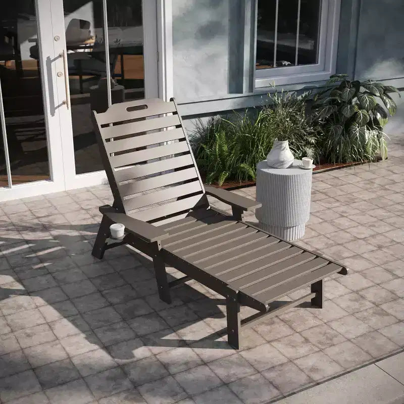 Emma and Oliver Poly Resin Adjustable Adirondack Lounger with Swivel Cup Holder for Indoor/Outdoor Use