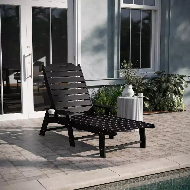 Emma and Oliver Poly Resin Adjustable Adirondack Lounger with Swivel Cup Holder for Indoor/Outdoor Use