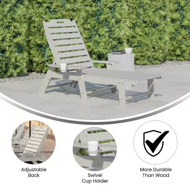 Emma and Oliver Poly Resin Adjustable Adirondack Lounger with Swivel Cup Holder for Indoor/Outdoor Use