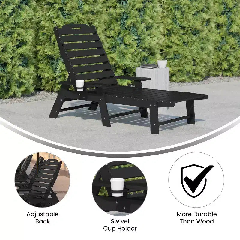 Emma and Oliver Poly Resin Adjustable Adirondack Lounger with Swivel Cup Holder for Indoor/Outdoor Use