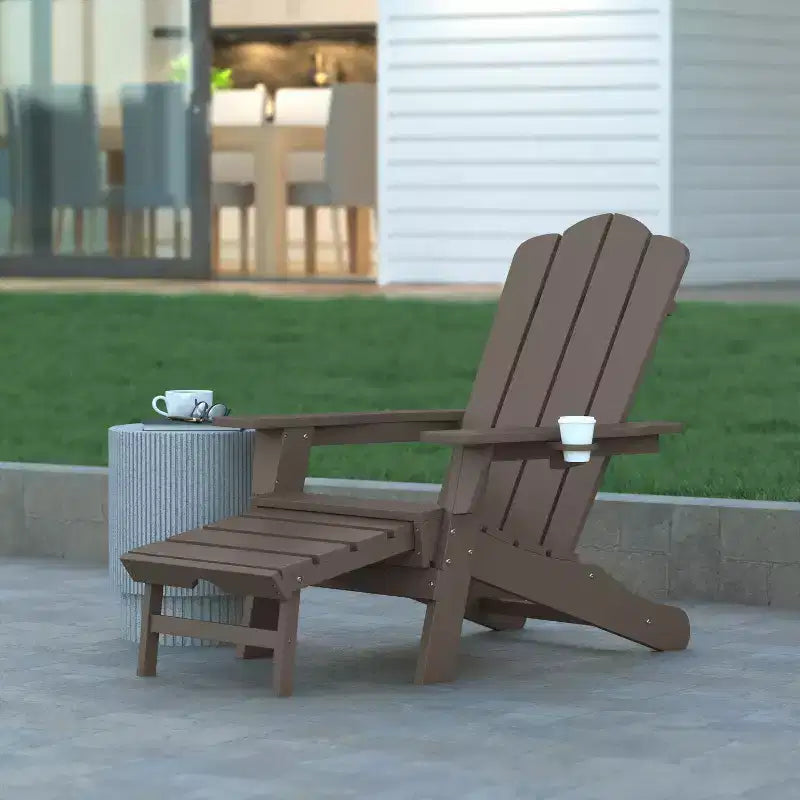 Emma and Oliver Adirondack Chair with Cup Holder and Pull Out Ottoman, All-Weather HDPE Indoor/Outdoor Lounge Chair
