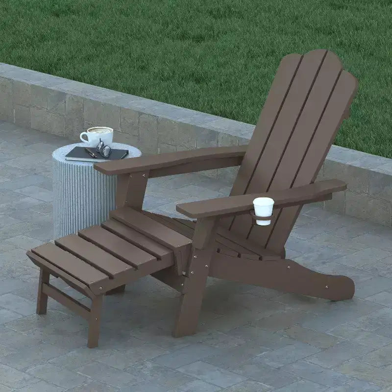 Emma and Oliver Adirondack Chair with Cup Holder and Pull Out Ottoman, All-Weather HDPE Indoor/Outdoor Lounge Chair