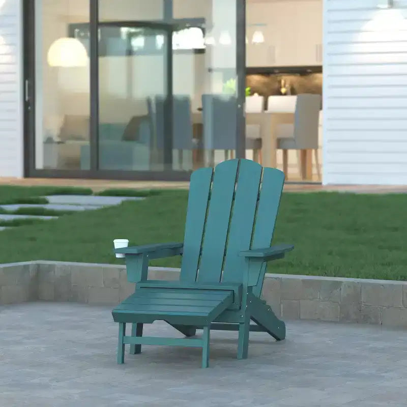 Emma and Oliver Adirondack Chair with Cup Holder and Pull Out Ottoman, All-Weather HDPE Indoor/Outdoor Lounge Chair