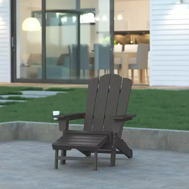 Emma and Oliver Adirondack Chair with Cup Holder and Pull Out Ottoman, All-Weather HDPE Indoor/Outdoor Lounge Chair