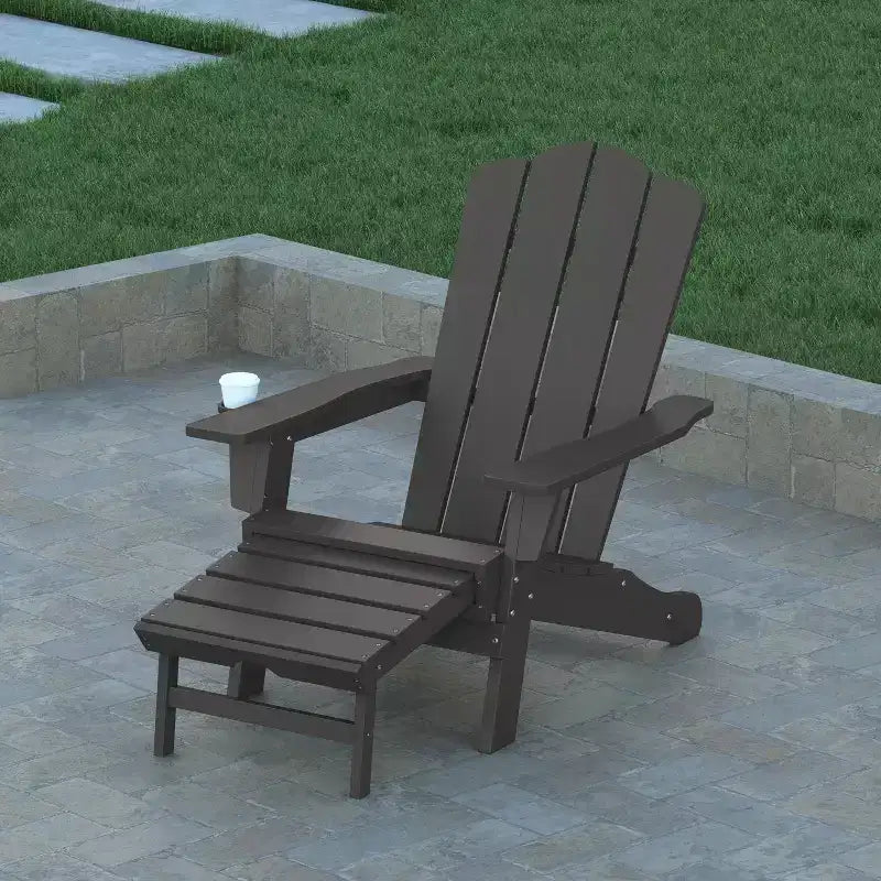 Emma and Oliver Adirondack Chair with Cup Holder and Pull Out Ottoman, All-Weather HDPE Indoor/Outdoor Lounge Chair