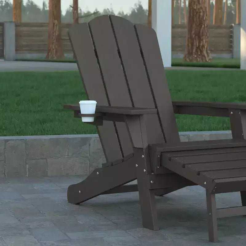 Emma and Oliver Adirondack Chair with Cup Holder and Pull Out Ottoman, All-Weather HDPE Indoor/Outdoor Lounge Chair