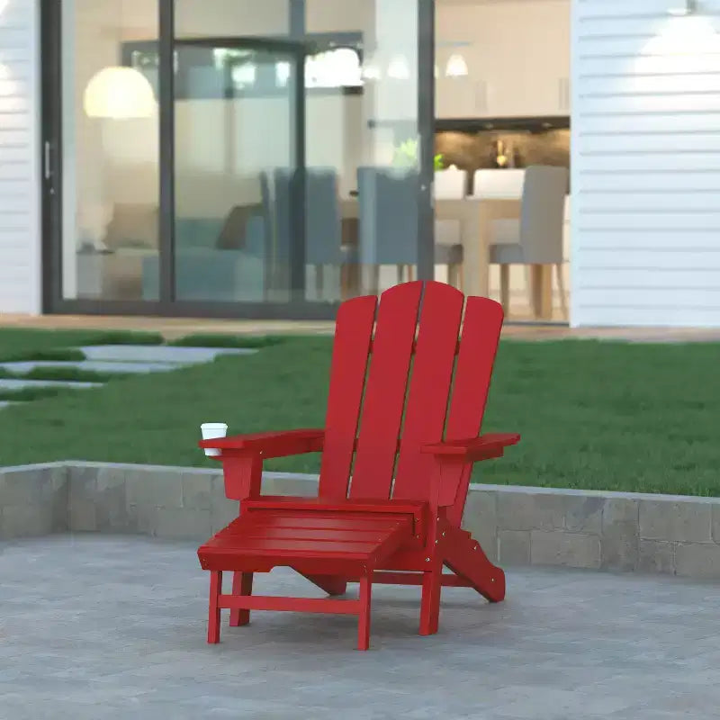 Emma and Oliver Adirondack Chair with Cup Holder and Pull Out Ottoman, All-Weather HDPE Indoor/Outdoor Lounge Chair
