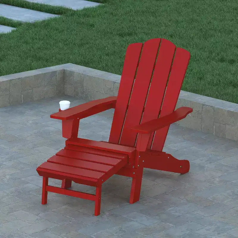 Emma and Oliver Adirondack Chair with Cup Holder and Pull Out Ottoman, All-Weather HDPE Indoor/Outdoor Lounge Chair