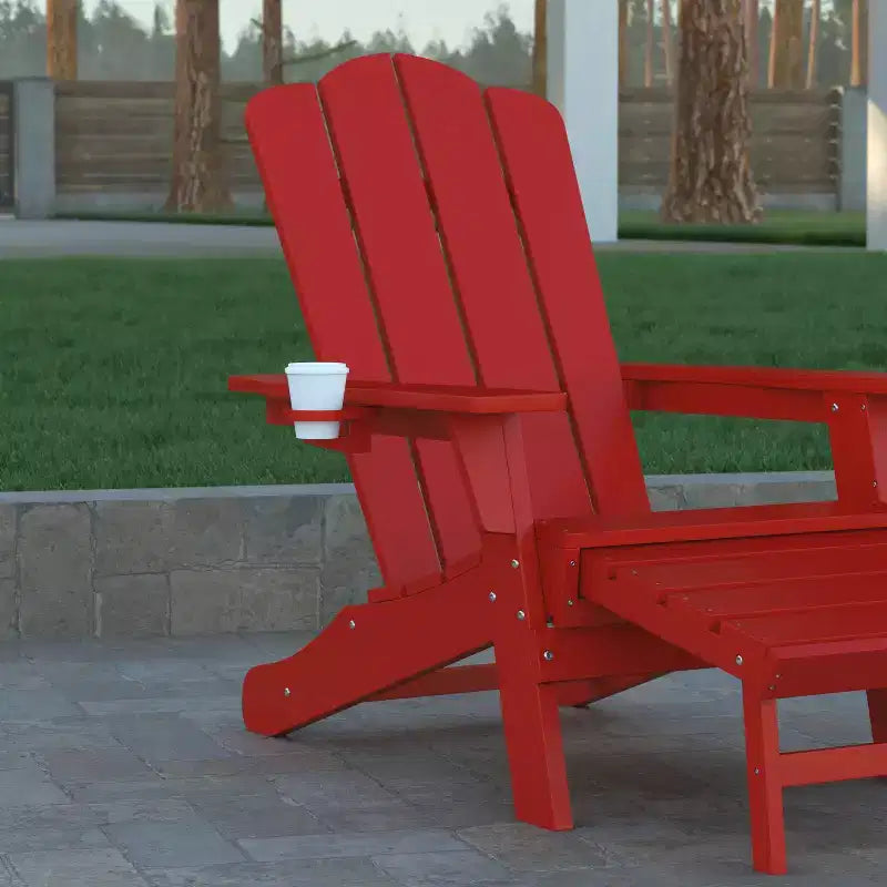 Emma and Oliver Adirondack Chair with Cup Holder and Pull Out Ottoman, All-Weather HDPE Indoor/Outdoor Lounge Chair