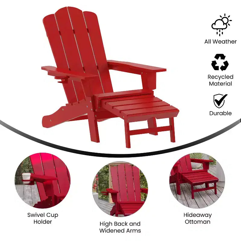 Emma and Oliver Adirondack Chair with Cup Holder and Pull Out Ottoman, All-Weather HDPE Indoor/Outdoor Lounge Chair