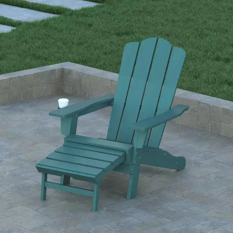 Emma and Oliver Adirondack Chair with Cup Holder and Pull Out Ottoman, All-Weather HDPE Indoor/Outdoor Lounge Chair