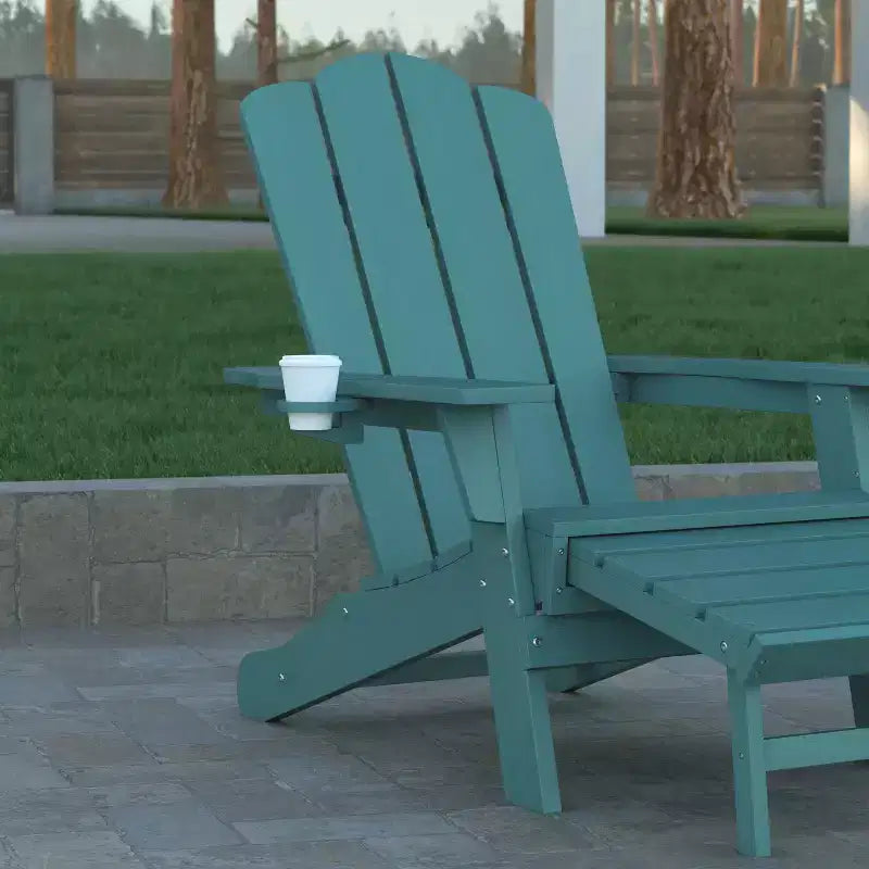 Emma and Oliver Adirondack Chair with Cup Holder and Pull Out Ottoman, All-Weather HDPE Indoor/Outdoor Lounge Chair
