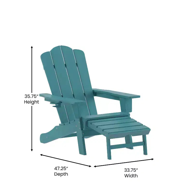 Emma and Oliver Adirondack Chair with Cup Holder and Pull Out Ottoman, All-Weather HDPE Indoor/Outdoor Lounge Chair