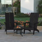 Emma and Oliver Set of 2 Modern All-Weather Poly Resin Adirondack Rocking Chairs with a Wood Burning Fire Pit for Outdoor Use