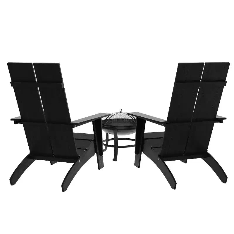 Emma and Oliver Set of 2 Modern All-Weather Poly Resin Adirondack Rocking Chairs with a Wood Burning Fire Pit for Outdoor Use