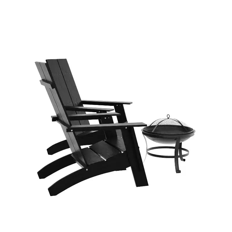 Emma and Oliver Set of 2 Modern All-Weather Poly Resin Adirondack Rocking Chairs with a Wood Burning Fire Pit for Outdoor Use