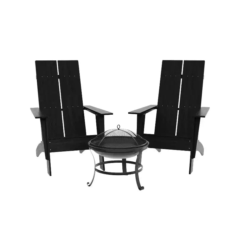 Emma and Oliver Set of 2 Modern All-Weather Poly Resin Adirondack Rocking Chairs with a Wood Burning Fire Pit for Outdoor Use