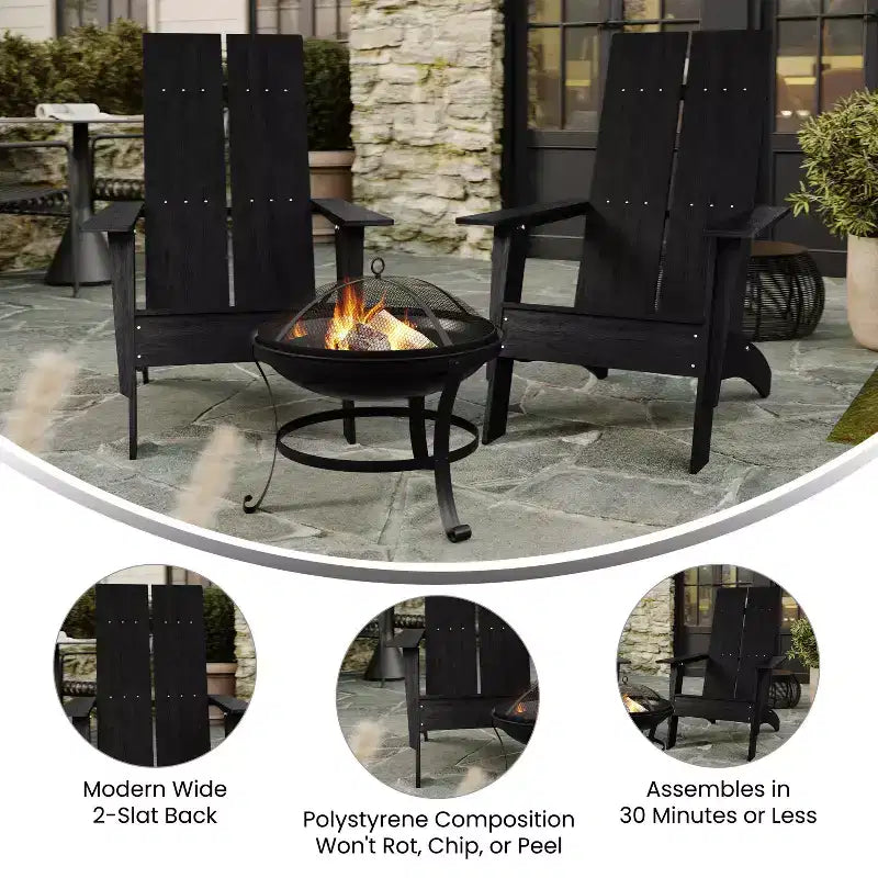 Emma and Oliver Set of 2 Modern All-Weather Poly Resin Adirondack Rocking Chairs with a Wood Burning Fire Pit for Outdoor Use