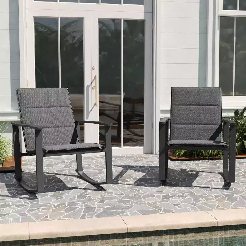 Merrick Lane Set of 2 Flex Comfort Outdoor Rocking Chairs with Steel Frames