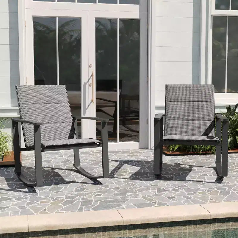 Merrick Lane Set of 2 Flex Comfort Outdoor Rocking Chairs with Steel Frames