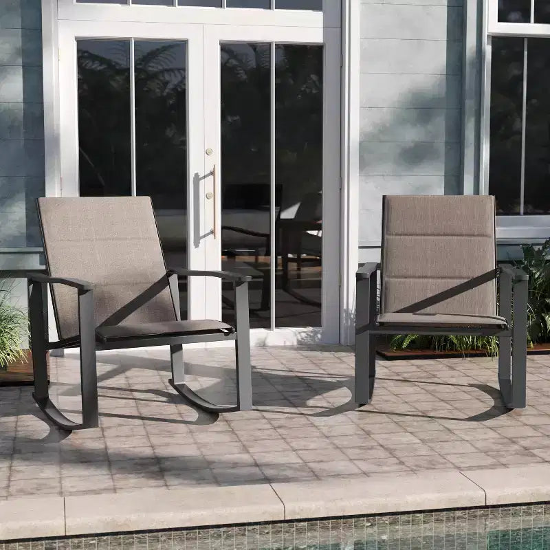 Emma and Oliver Set of 2 Outdoor Rocking Chairs with Flex Comfort Material and Metal Frame