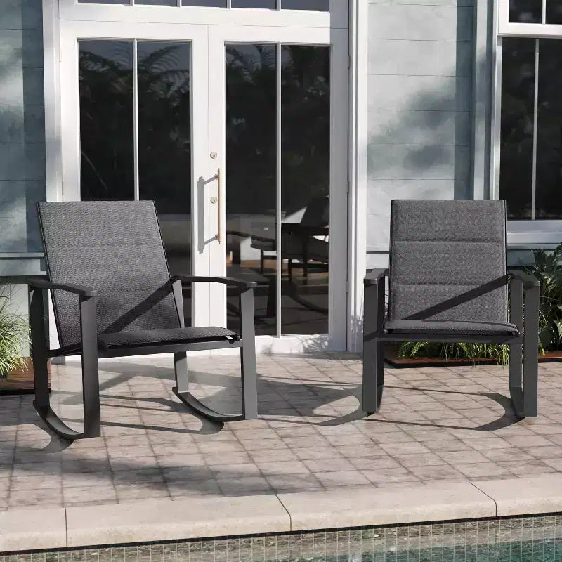 Emma and Oliver Set of 2 Outdoor Rocking Chairs with Flex Comfort Material and Metal Frame