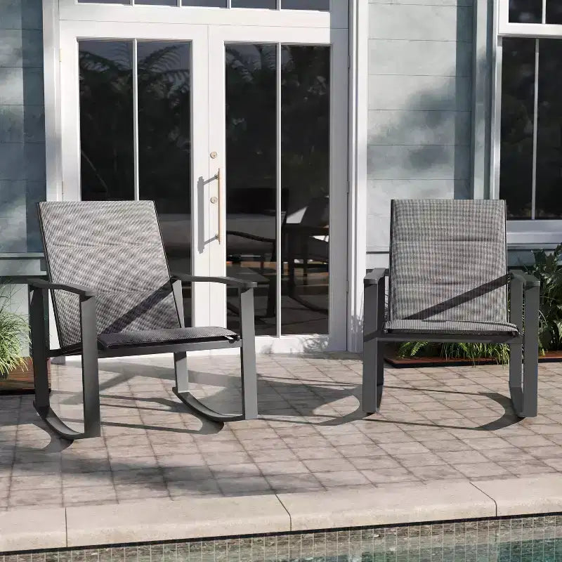 Emma and Oliver Set of 2 Outdoor Rocking Chairs with Flex Comfort Material and Metal Frame