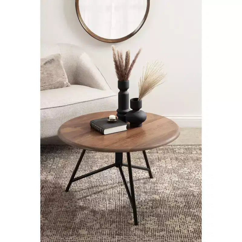 Tavolino da Caffè Rotondo in Legno Kate e Laurel Pallson, 28x28x18, Marrone Noce e Nero
