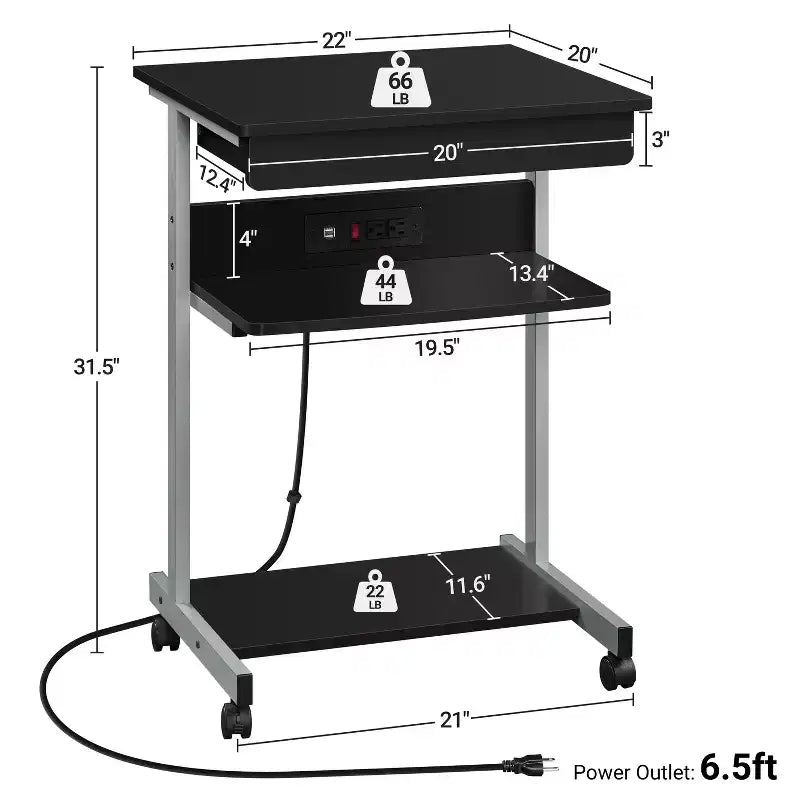 Yaheetech 22in Laptop Computer Table with Power Outlet Black