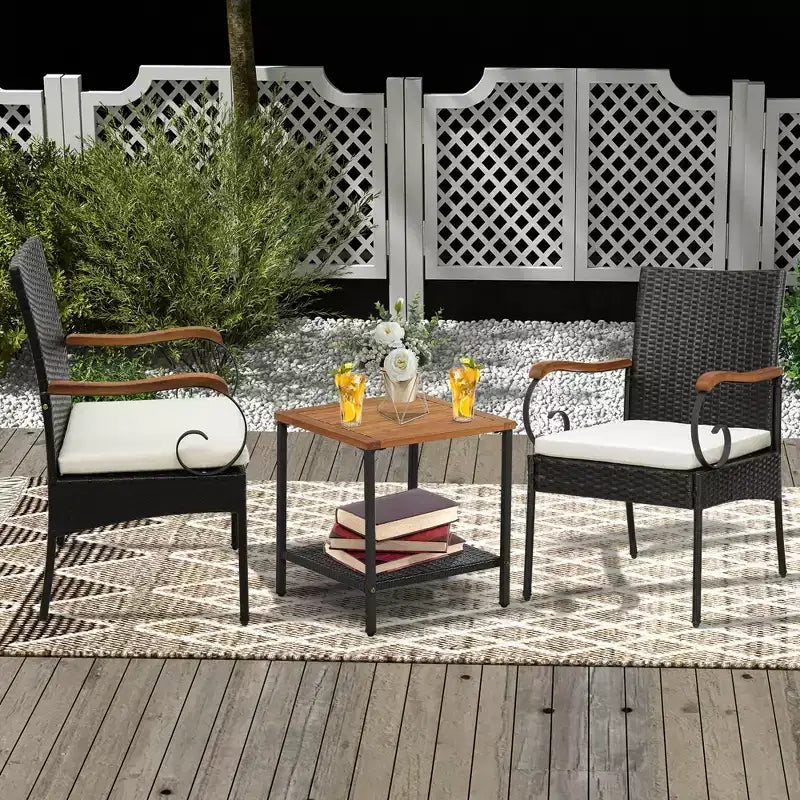 Costway Sedie da Giardino in Rattan PE con Braccioli in Legno di Acacia e Morbidi Cuscini Sfoderabili