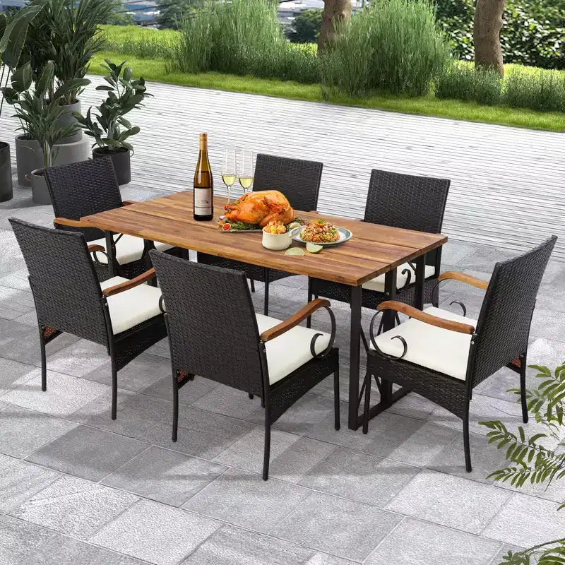 Costway Sedie da Giardino in Rattan PE con Braccioli in Legno di Acacia e Morbidi Cuscini Sfoderabili