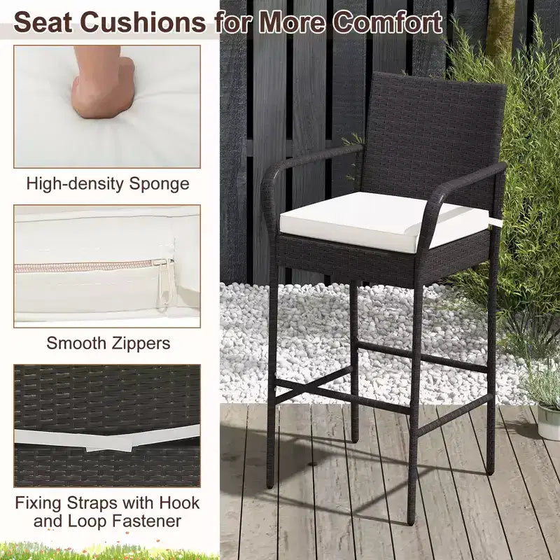 Costway 2PCS Patio PE Wicker Bar Chairs Counter HeightBarstools with Armrests &Cushions