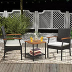 Costway Patio PE Wicker Chairs Acacia Wood Armrests with Soft Zippered Cushion Balcony