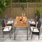 Costway Patio PE Wicker Chairs Acacia Wood Armrests with Soft Zippered Cushion Balcony