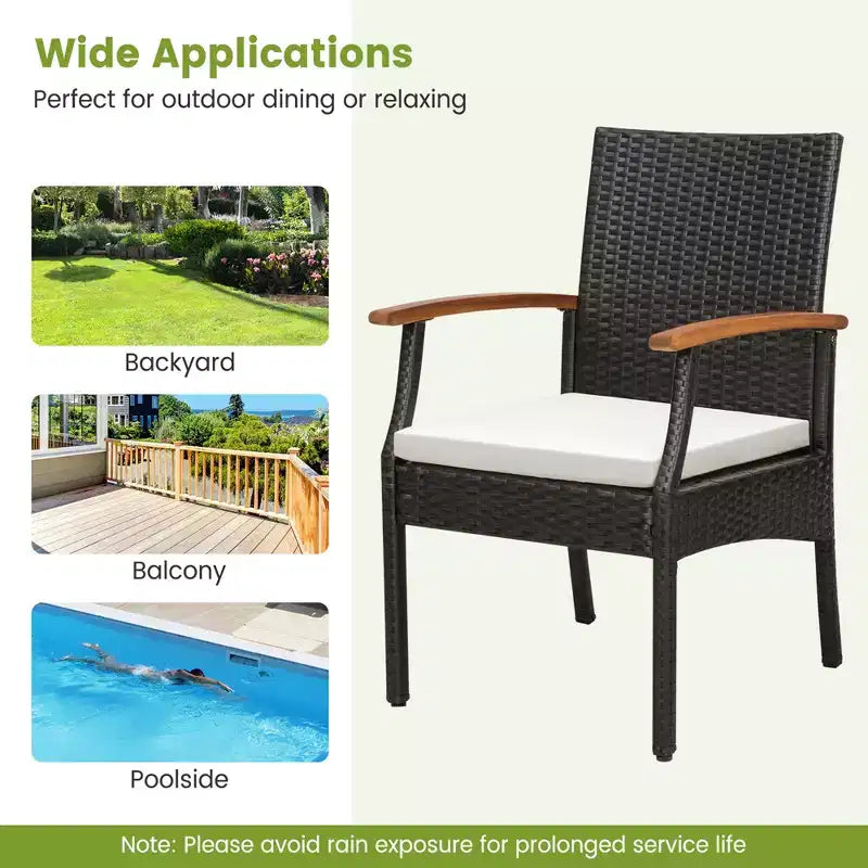 Costway Patio PE Wicker Chairs Acacia Wood Armrests with Soft Zippered Cushion Balcony