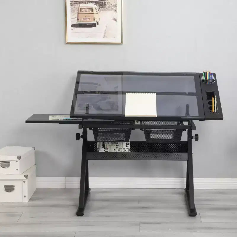 Black Adjustable Tempered Glass Drawing Printing Desk With Chair - ModernLuxe